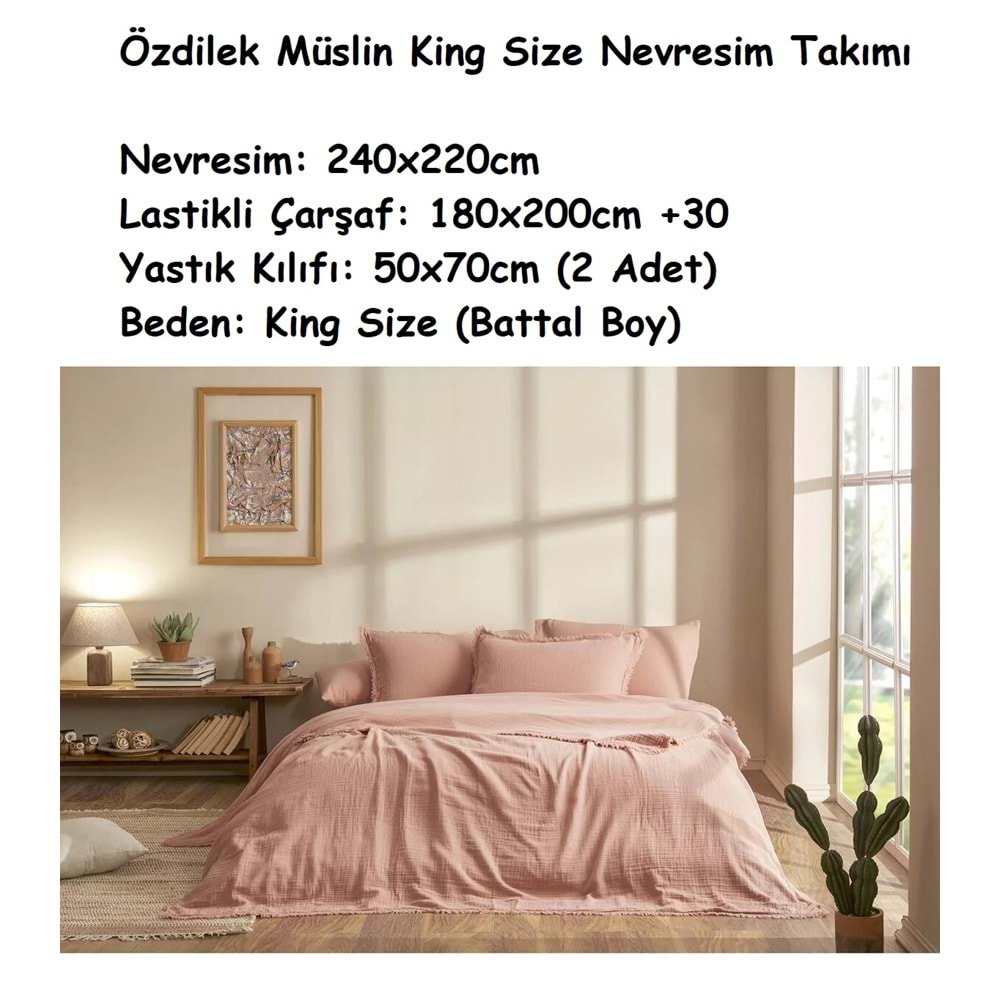 Özdilek Müslin -Sofia Pudra- Lastikli Çarşaflı Battal Çift Kişilik (King Size) Nevresim Takımı