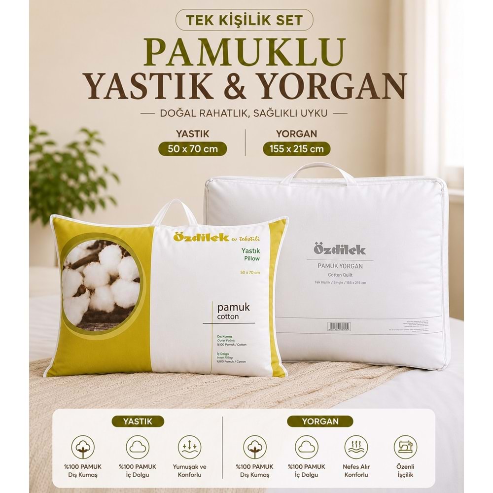 Özdilek Doğal 1 Adet Pamuk Yorgan + 1 Adet Pamuk Yastık (Tek Kişilik Set)
