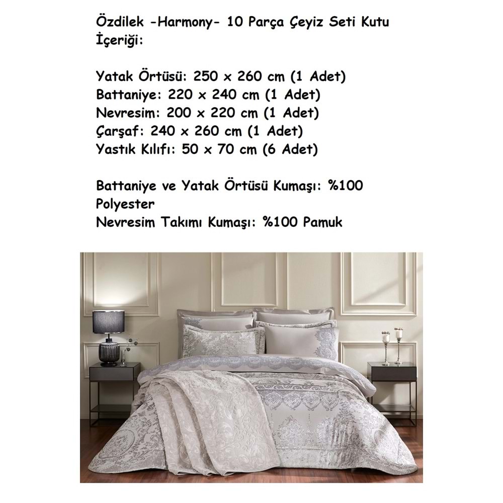 Özdilek -Harmony Gümüş- 10 Parça Çift Kişilik Çeyiz Seti