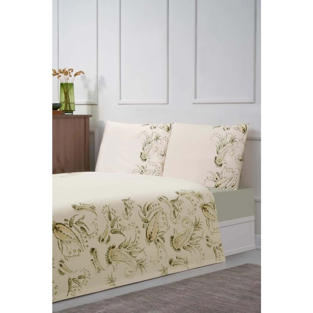 Özdilek Rf -Paisley Wind Bej- Lastikli Çarşaflı Çift Kişilik Pike Takımı