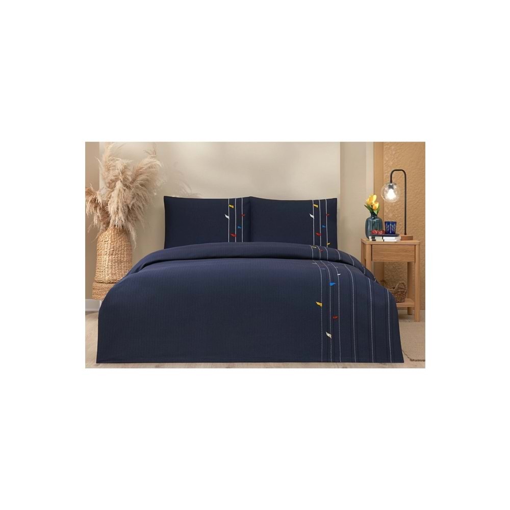 Özdilek Rf -Fore Shore Lacivert- Lastikli Çarşaflı Çift Kişilik Pike Takımı