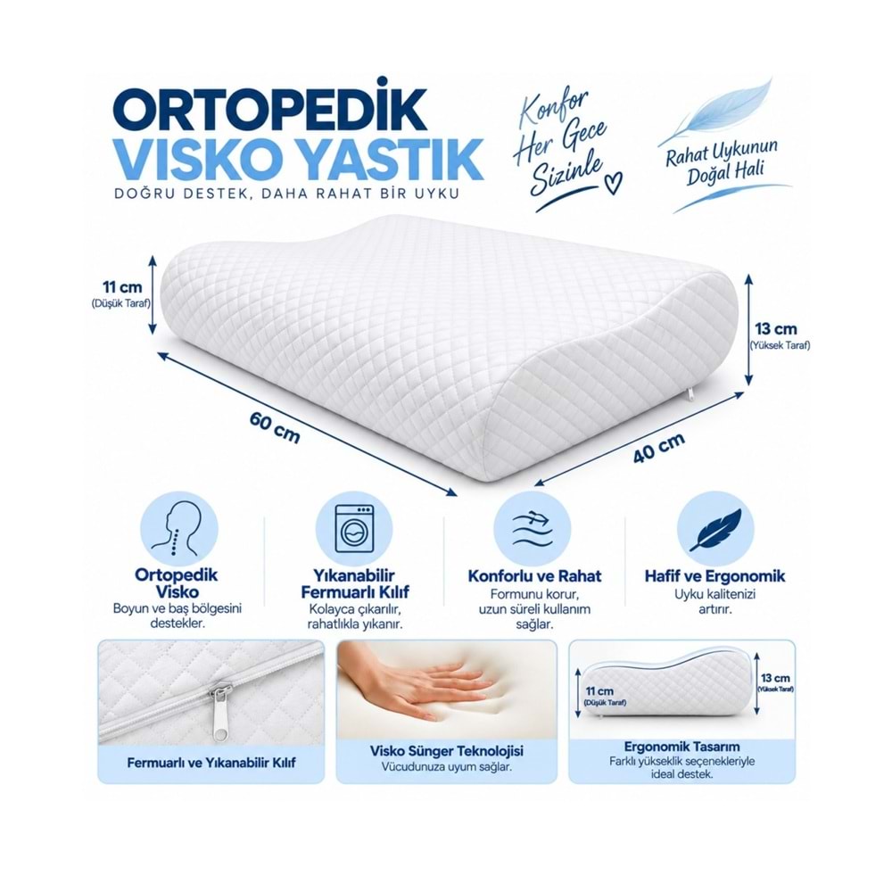Rehome Visco Boyun Destekli Ortopedik Yastık (60x40x11-13cm)