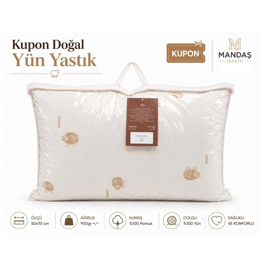 Kupon Doğal Yün Yastık 900gr Çantalı (50x70)