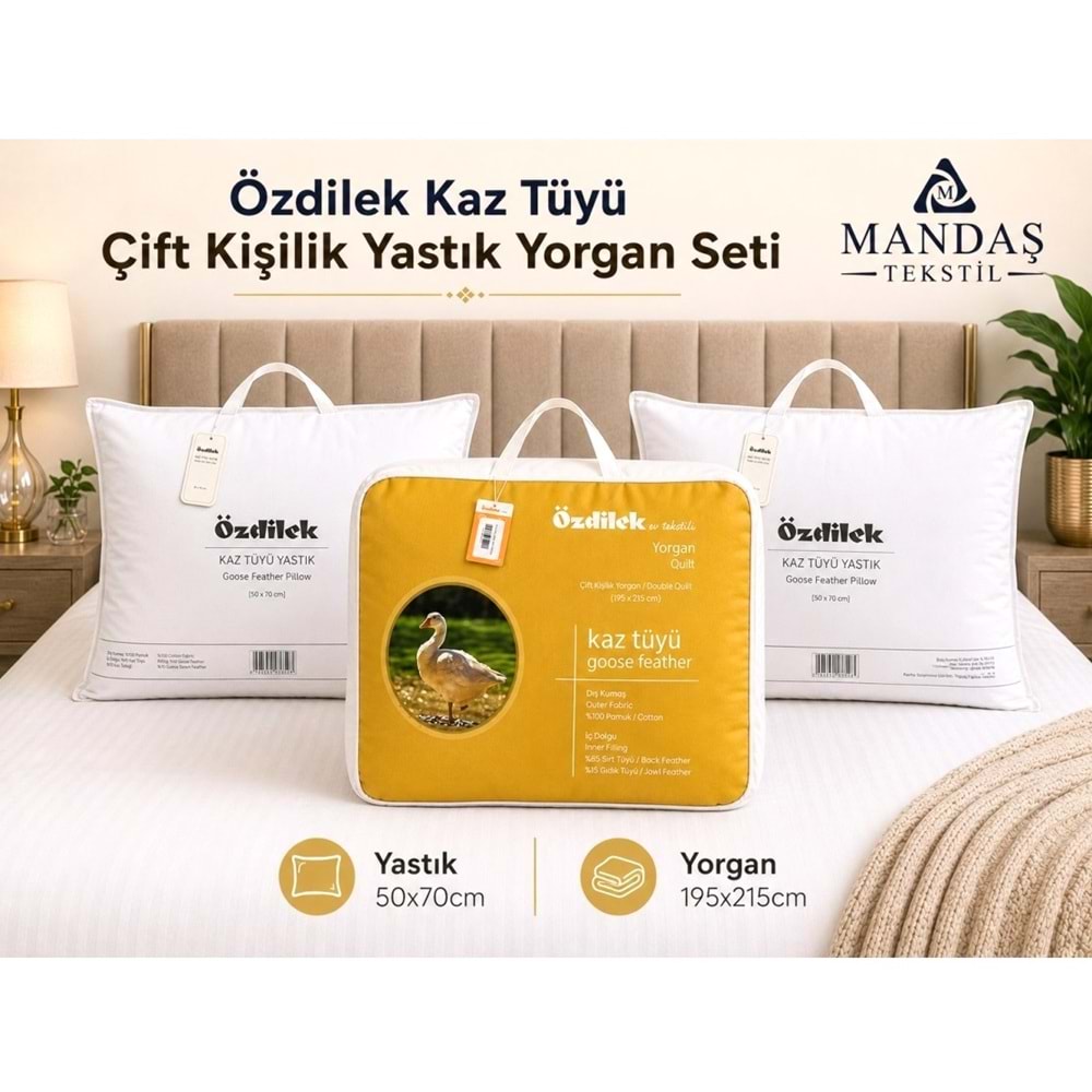 Özdilek 1 Adet Kaz Tüyü Yorgan + 2 Adet Kaz Tüyü Yastık (Çift Kişilik Set)