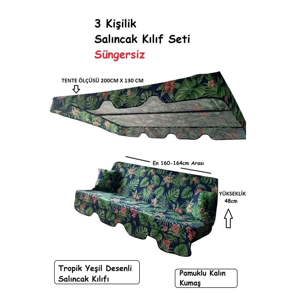 Süngersiz 3 Kişilik Salıncak Minder Seti (Kalın Pamuklu Kumaş)-Tropik Yeşil