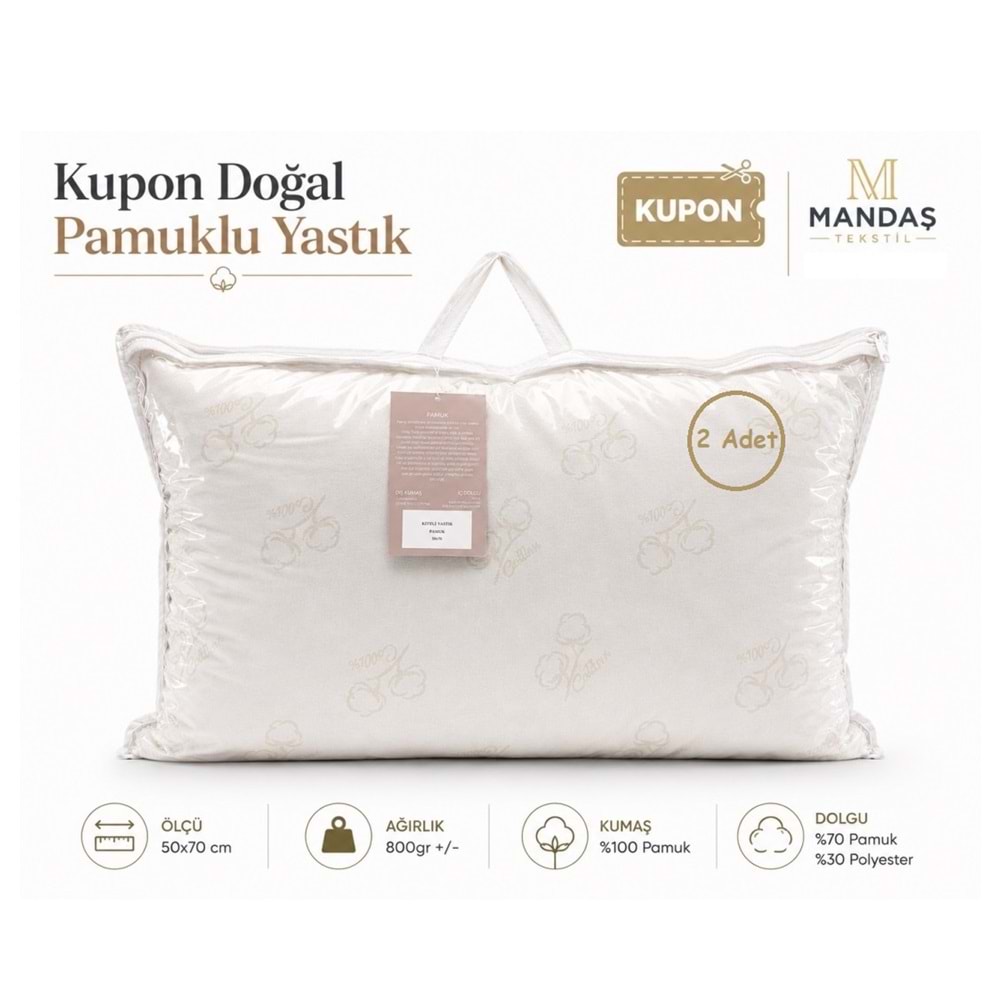 Kupon 2li Doğal Pamuklu Yastık 2x800gr Çantalı (50x70)