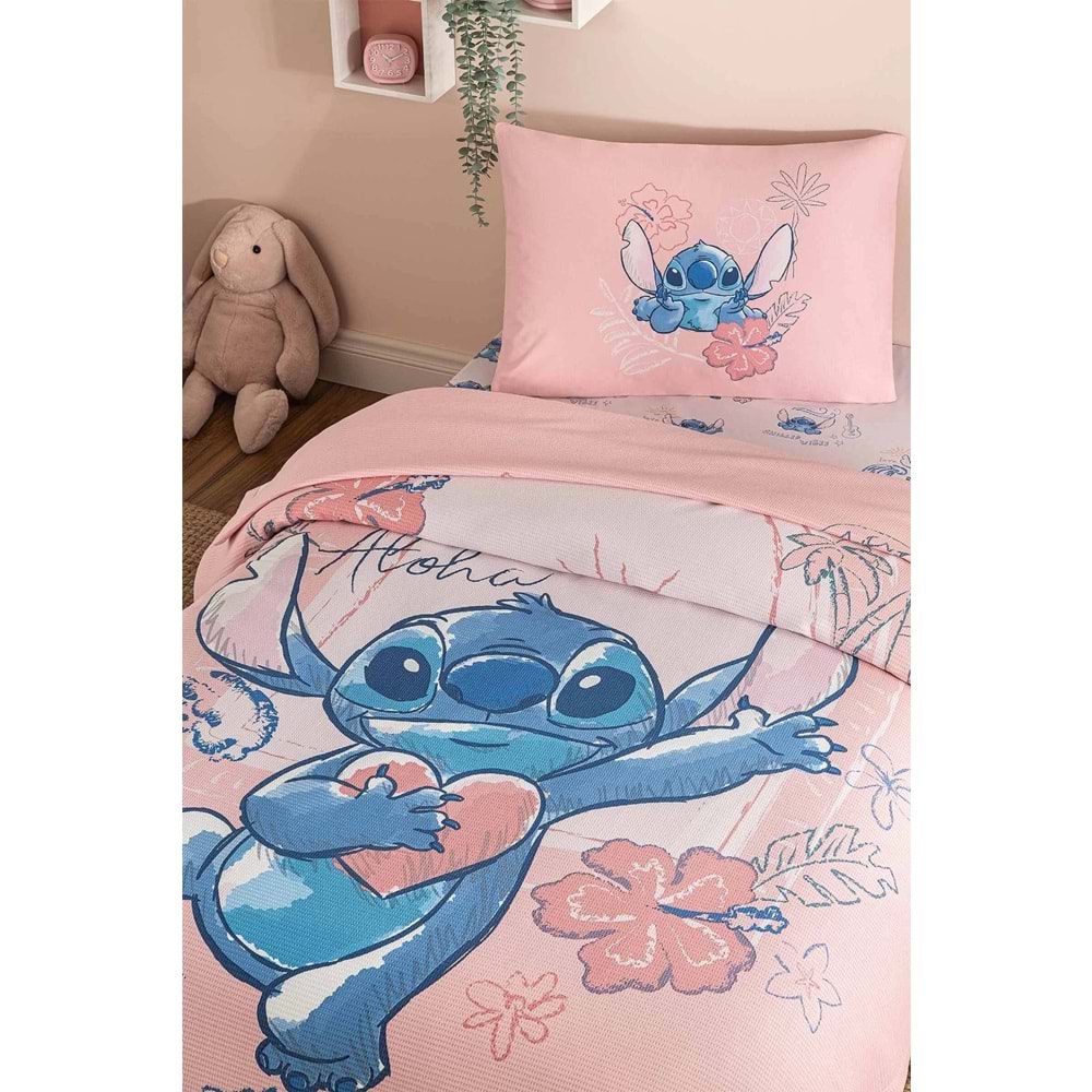 Özdilek Lisanslı Lastikli Çarşaflı Tek Kişilik Çocuk Pike Takımı-Stitch Aloha Pembe