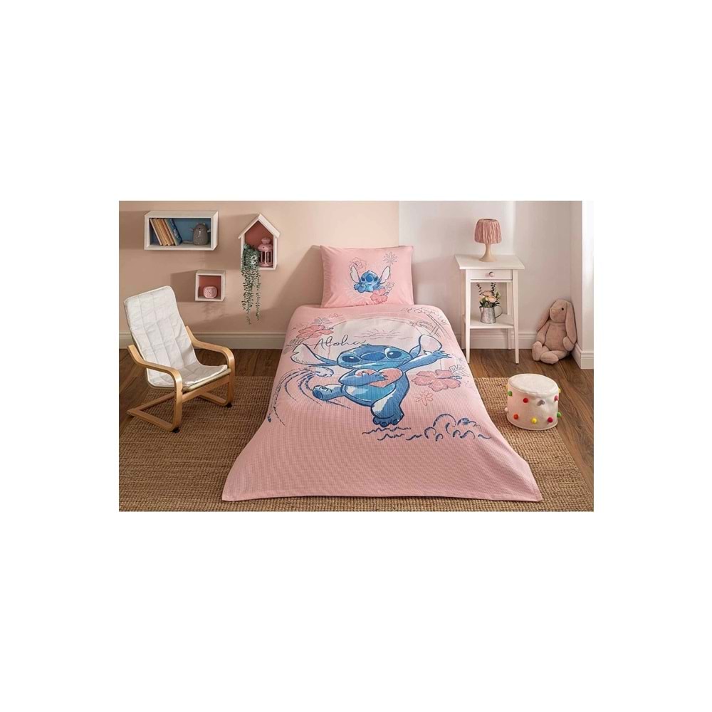 Özdilek Lisanslı Lastikli Çarşaflı Tek Kişilik Çocuk Pike Takımı-Stitch Aloha Pembe