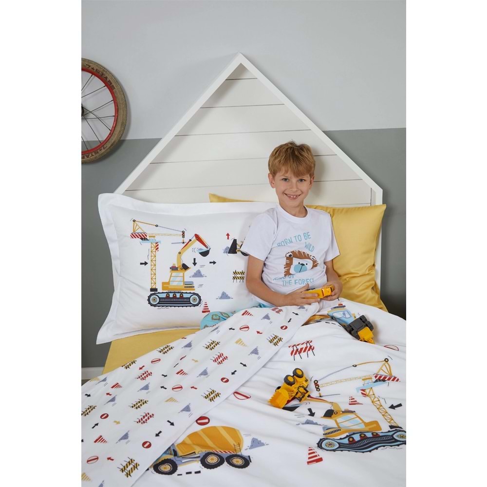 Özdilek Ranforce -Builder Sarı- Lastikli Çarşaflı Tek Kişilik Çocuk Nevresim Takımı