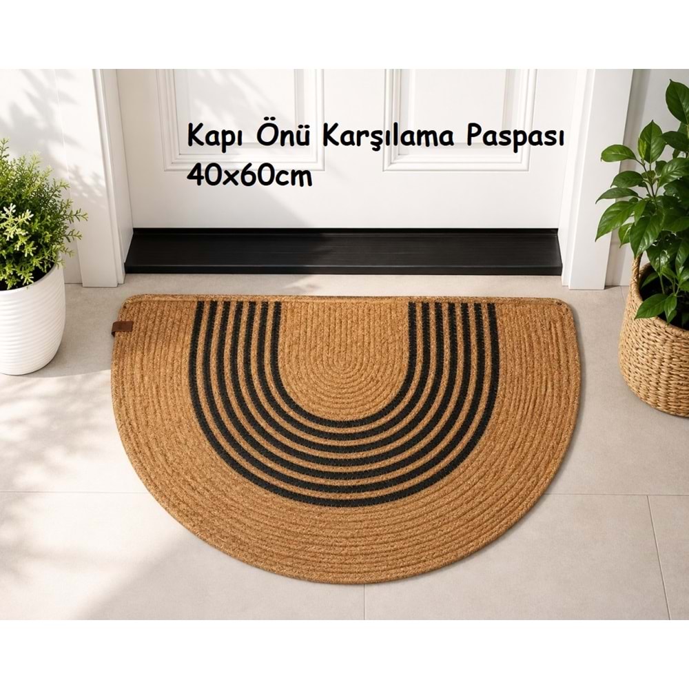 Jüt Hasır D Paspas, Kapı Önü Karşılama (40x60)-Bej Siyah Çizgili