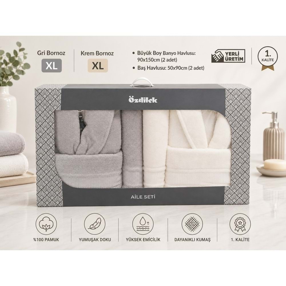 Özdilek Büyük Beden -Colourist Gri Krem- Aile Bornoz Seti (Erkek XL Bayan XL)