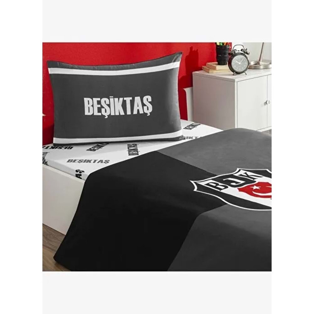 Taç Taraftar Lisanslı Ranforce Çarşafı Lastikli Tek Kişilik Nevresim Takımı-Beşiktaş Efsane 100