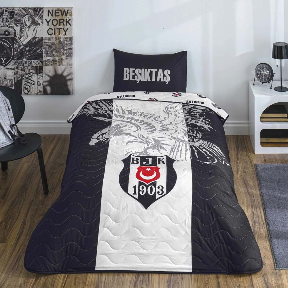 Taç Taraftar Lisanslı Pamuklu Tek Kişilik Yatak Örtüsü Seti (160x230)-Beşiktaş Kartal