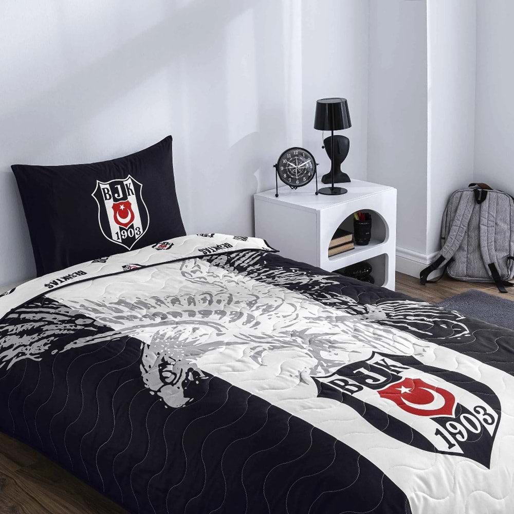 Taç Taraftar Lisanslı Pamuklu Tek Kişilik Yatak Örtüsü Seti (160x230)-Beşiktaş Kartal
