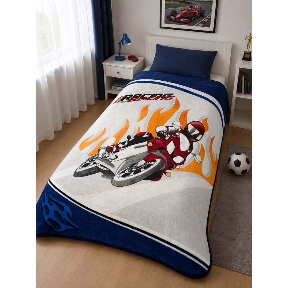 Aksu -Moto Racing Mavi- Tek Kişilik Çocuk Battaniye (155x215)