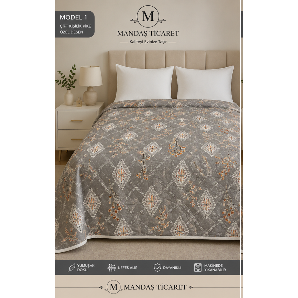 Mandaş Monalya Çok Amaçlı Çantalı Çift Kişilik Pike 190*220CM Çiçekli gri