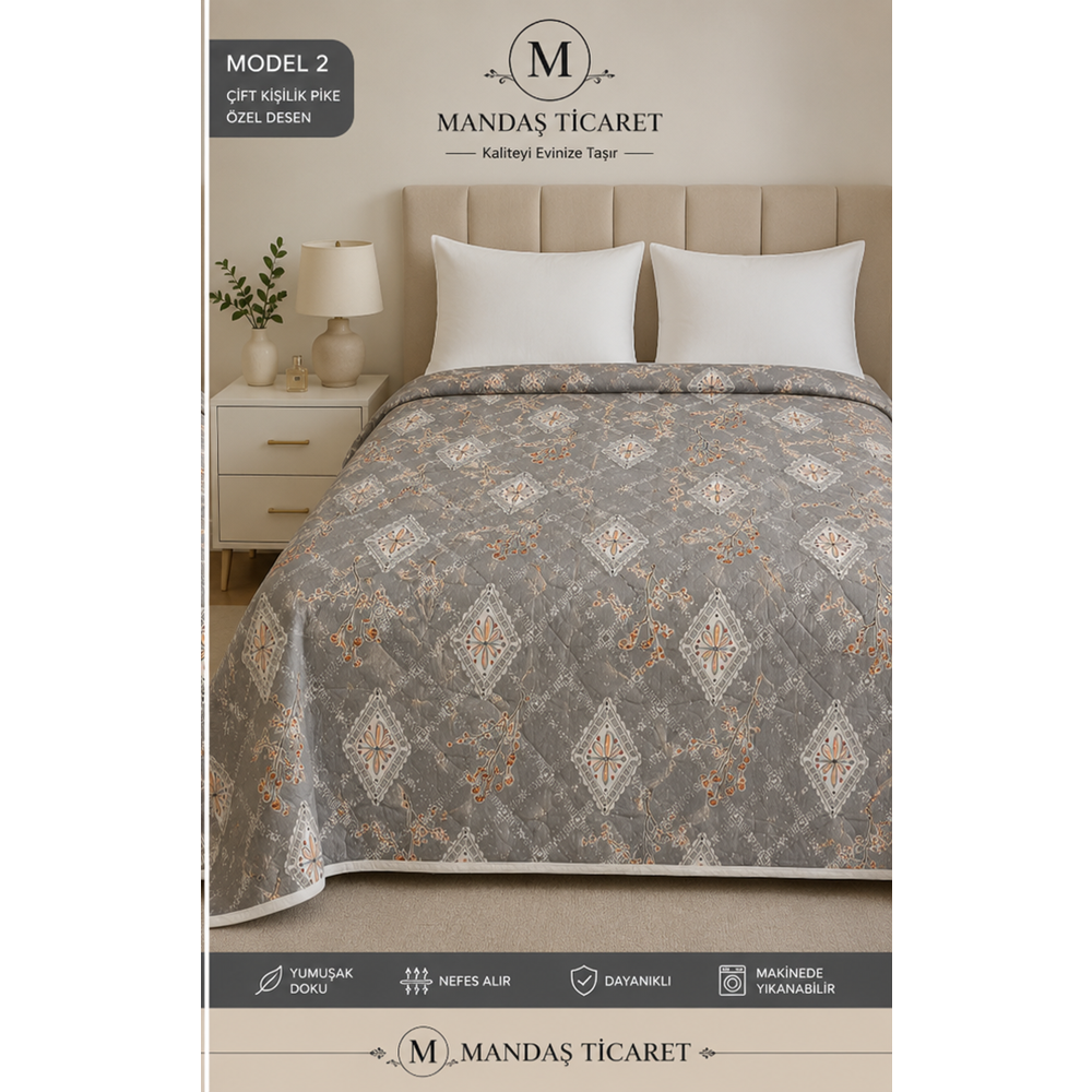 Mandaş Monalya Çok Amaçlı Çantalı Çift Kişilik Pike 190*220CM Çiçekli gri