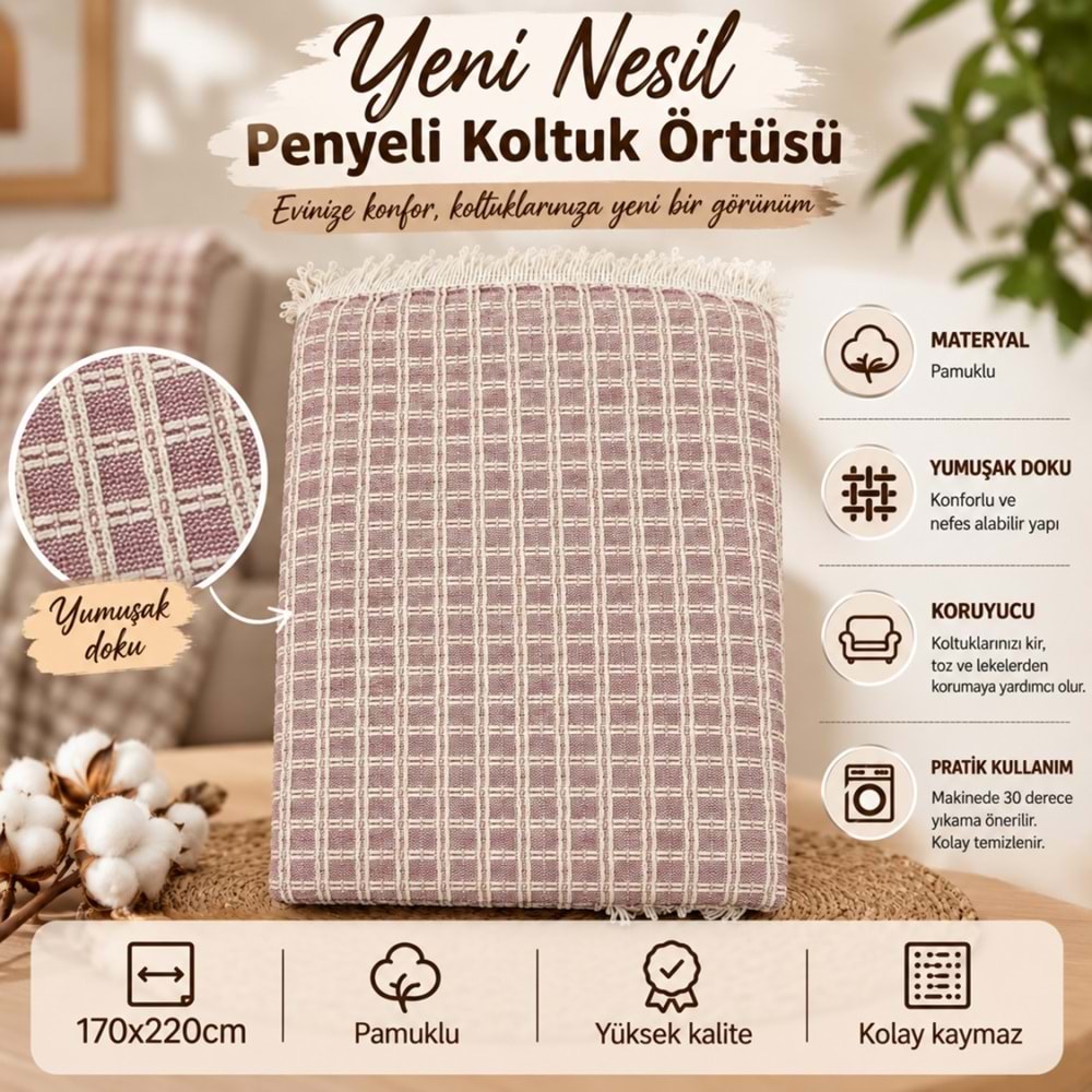 Yeni Nesil Penyeli Pamuklu Kaymaz Koltuk Örtüsü (170x220) - Bordo