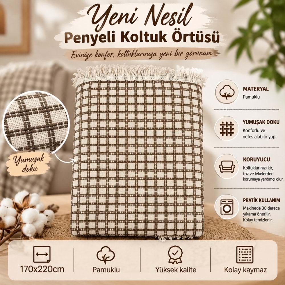 Yeni Nesil Penyeli Pamuklu Kaymaz Koltuk Örtüsü (170x220) - Kreme Kahve