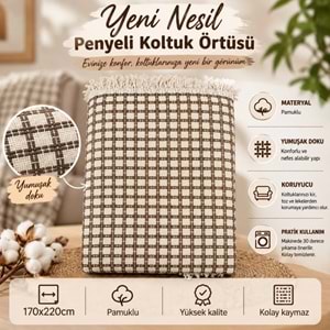 Yeni Nesil Penyeli Pamuklu Kaymaz Koltuk Örtüsü (170x220) - Kreme Kahve