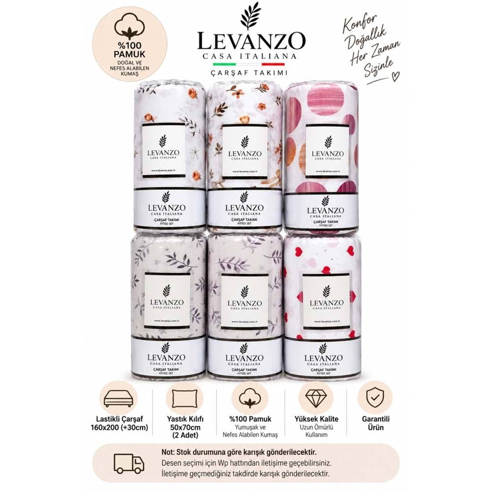 Levanzo Poplin %100 Pamuk Lastikli Çarşaf Seti Çift Kişilik (160x200)-Asorti