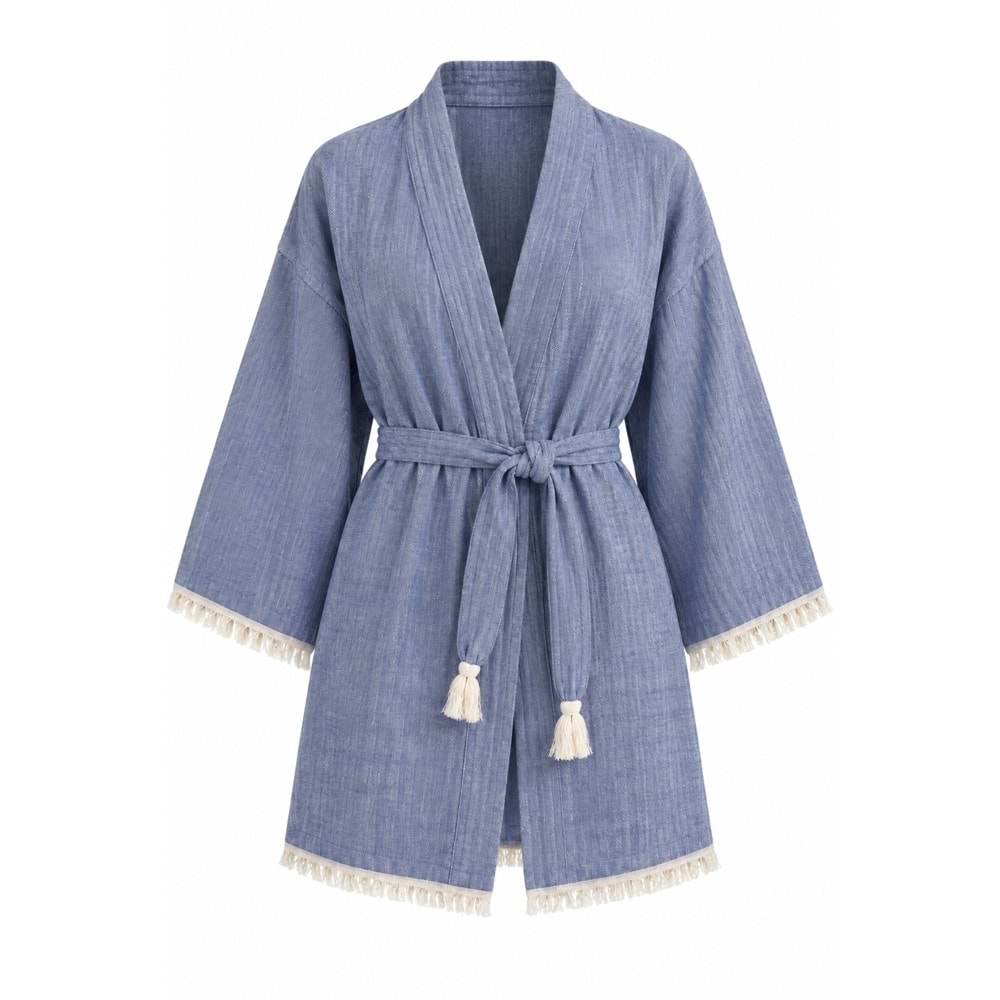 Kimono Müslin 2 Katlı Peştemal Bornoz (Beden S-M) - Mavi