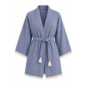 Kimono Müslin 2 Katlı Peştemal Bornoz (Beden S-M) - Mavi