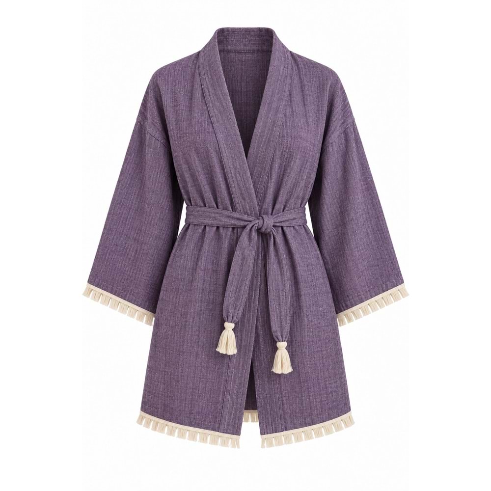 Kimono Müslin 2 Katlı Peştemal Bornoz (Beden S-M) - Mor