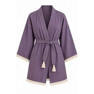 Kimono Müslin 2 Katlı Peştemal Bornoz (Beden S-M) - Mor