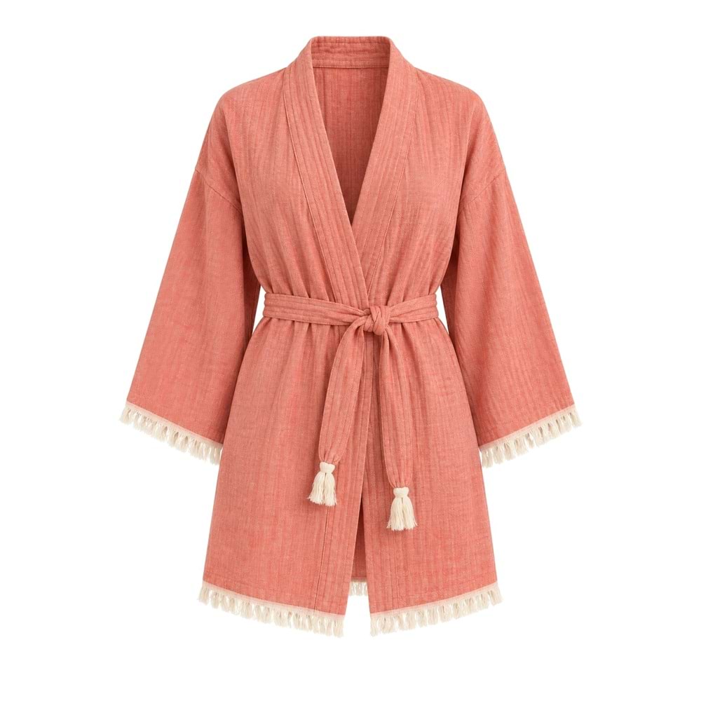 Kimono Müslin 2 Katlı Peştemal Bornoz (Beden S-M) - Somon