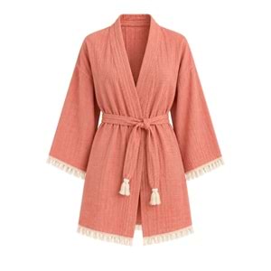 Kimono Müslin 2 Katlı Peştemal Bornoz (Beden S-M) - Somon