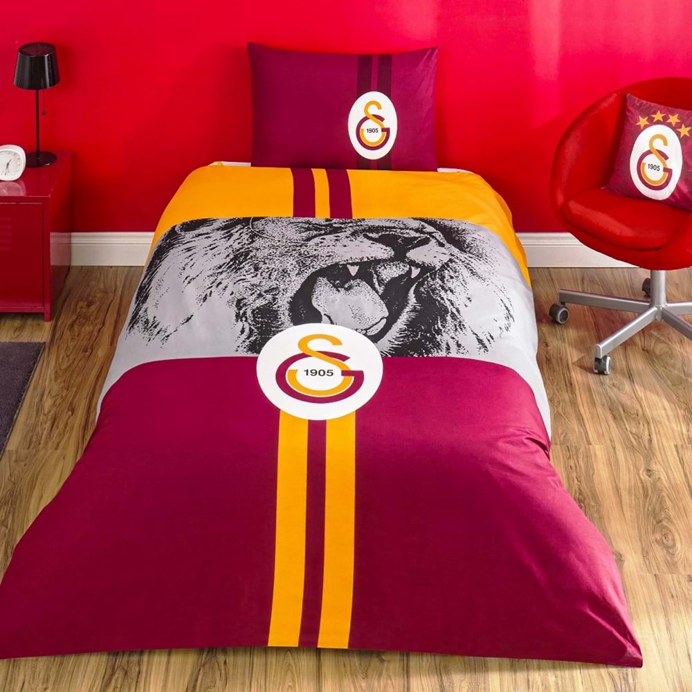 Taç Taraftar Lisanslı Ranforce Çarşafı Lastikli Tek Kişilik Nevresim Takımı-Galatasaray Şampiyon Aslan
