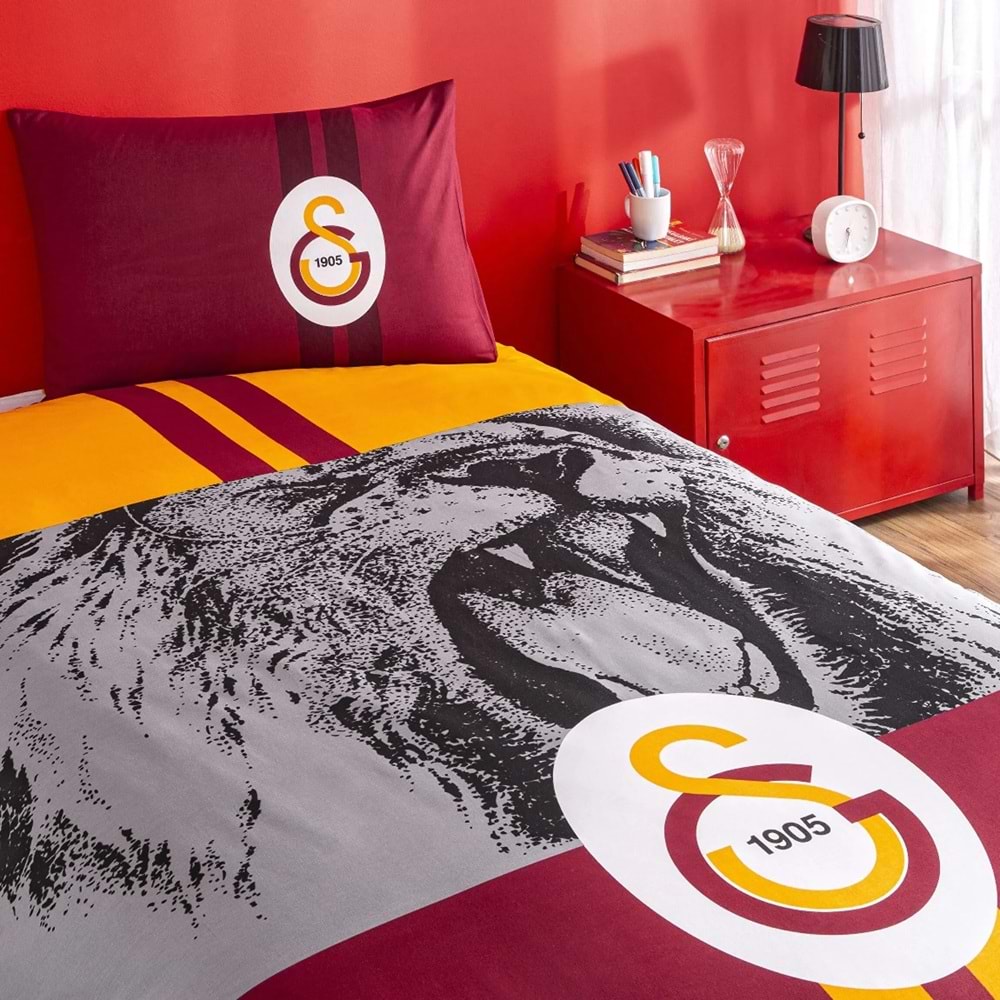 Taç Taraftar Lisanslı Ranforce Çarşafı Lastikli Tek Kişilik Nevresim Takımı-Galatasaray Şampiyon Aslan