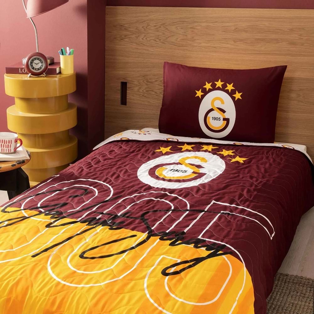 Taç Taraftar Lisanslı Pamuklu Tek Kişilik Yatak Örtüsü Seti (160x230)-Galatasaray 1905