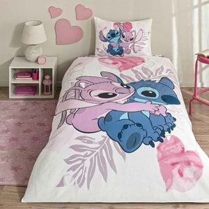 Taç Lilo and Stitch Lisanslı Ranforce Çarşafı Lastikli Tek Kişilik Nevresim Takımı-Pembe
