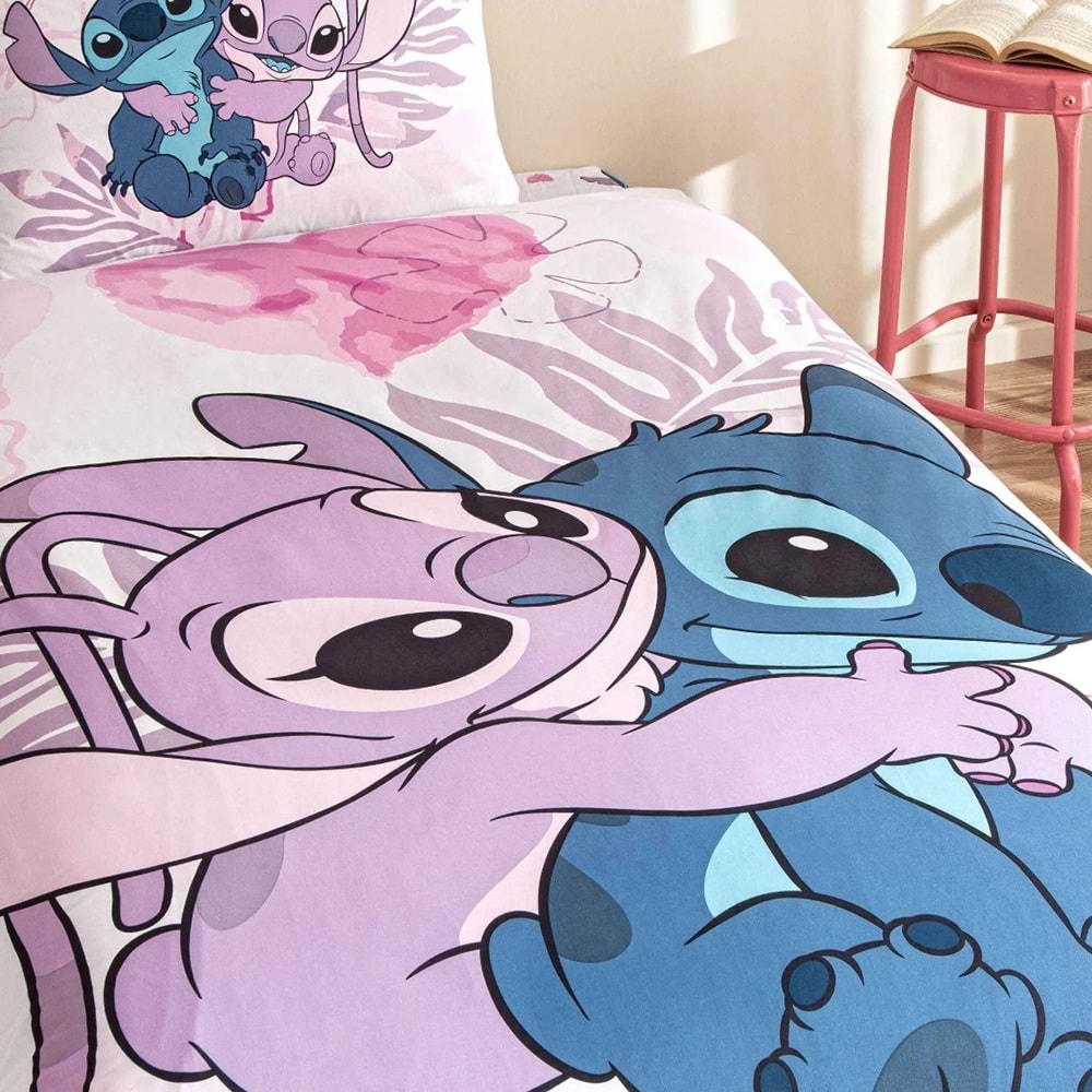 Taç Lilo and Stitch Lisanslı Ranforce Çarşafı Lastikli Tek Kişilik Nevresim Takımı-Pembe