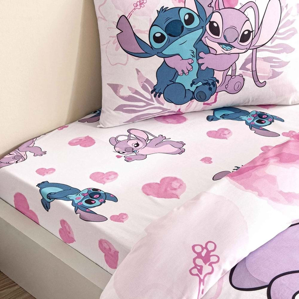Taç Lilo and Stitch Lisanslı Ranforce Çarşafı Lastikli Tek Kişilik Nevresim Takımı-Pembe