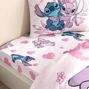 Taç Lilo and Stitch Lisanslı Ranforce Çarşafı Lastikli Tek Kişilik Nevresim Takımı-Pembe