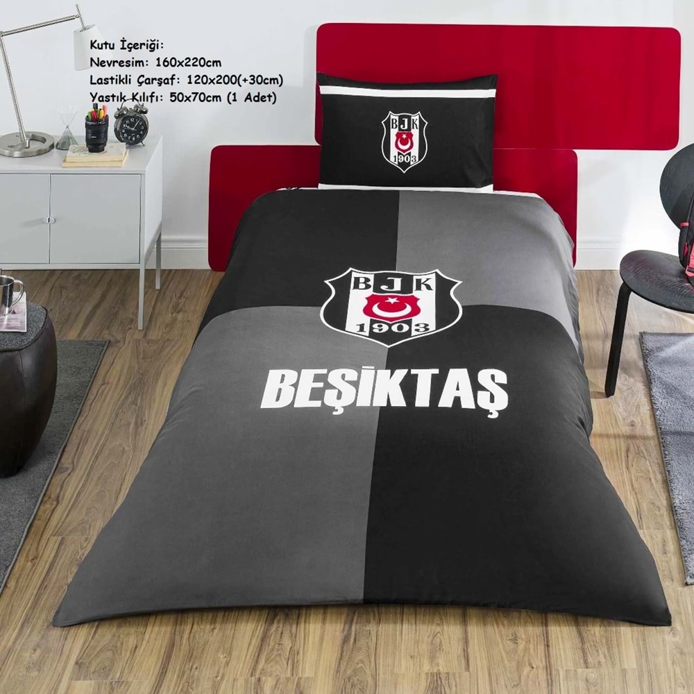 Taç Taraftar Lisanslı Ranforce Çarşafı Lastikli Tek Kişilik Nevresim Takımı-Beşiktaş Efsane (120lik Çarşaf)