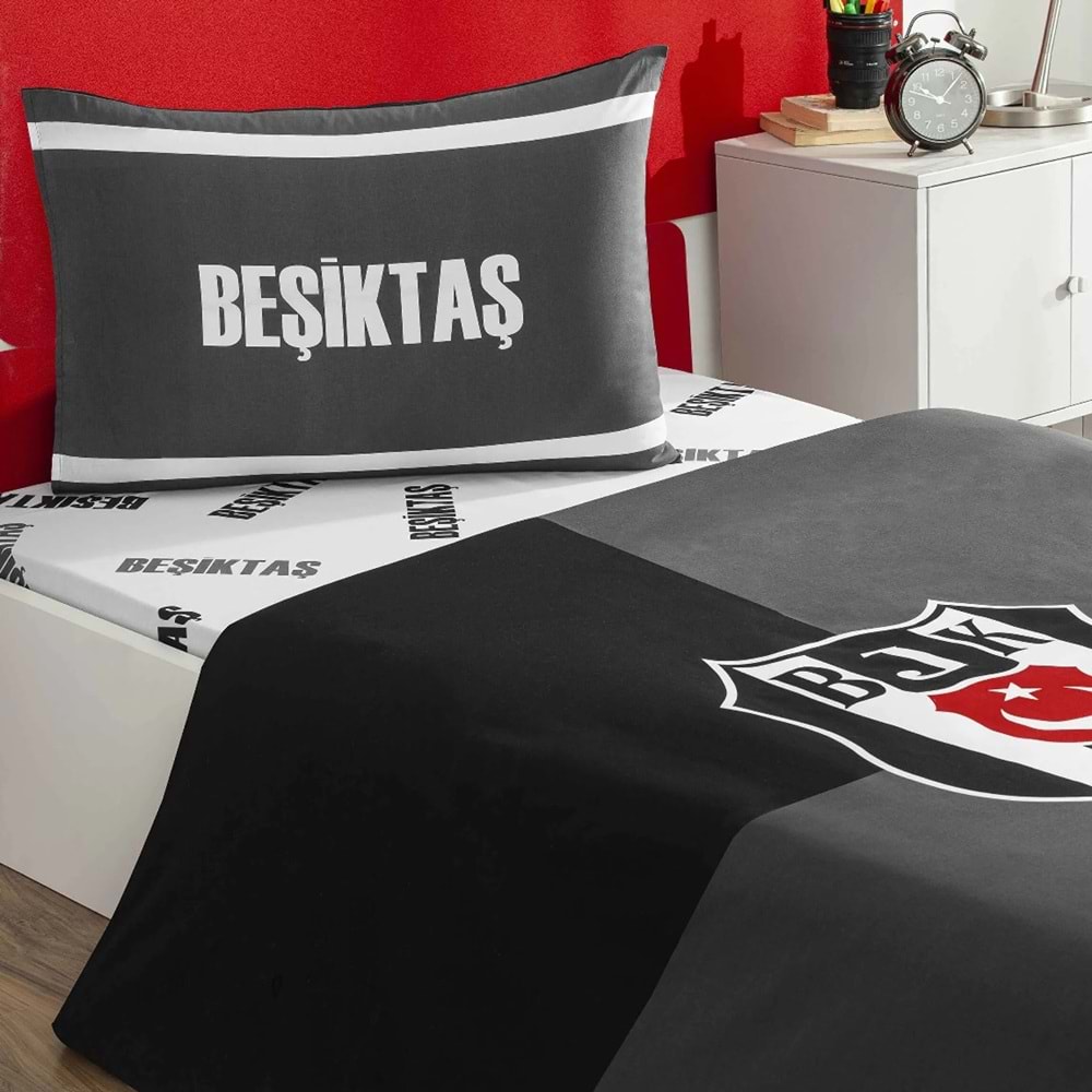 Taç Taraftar Lisanslı Ranforce Çarşafı Lastikli Tek Kişilik Nevresim Takımı-Beşiktaş Efsane (120lik Çarşaf)