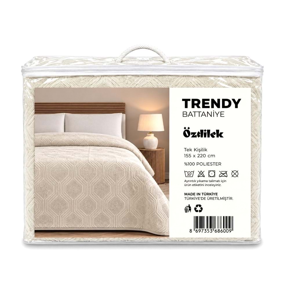 Özdilek Trendy Embos Tek Kişilik Battaniye(155x220)-Art Deco Krem Yeni