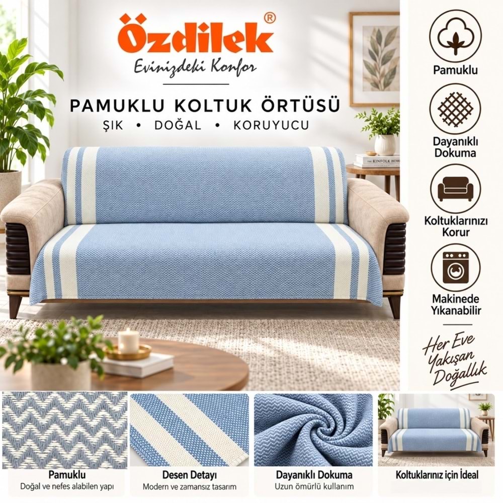 Özdilek Pamuklu Kaymaz Zigzag Koltuk Örtüsü (170x210) - İndigo