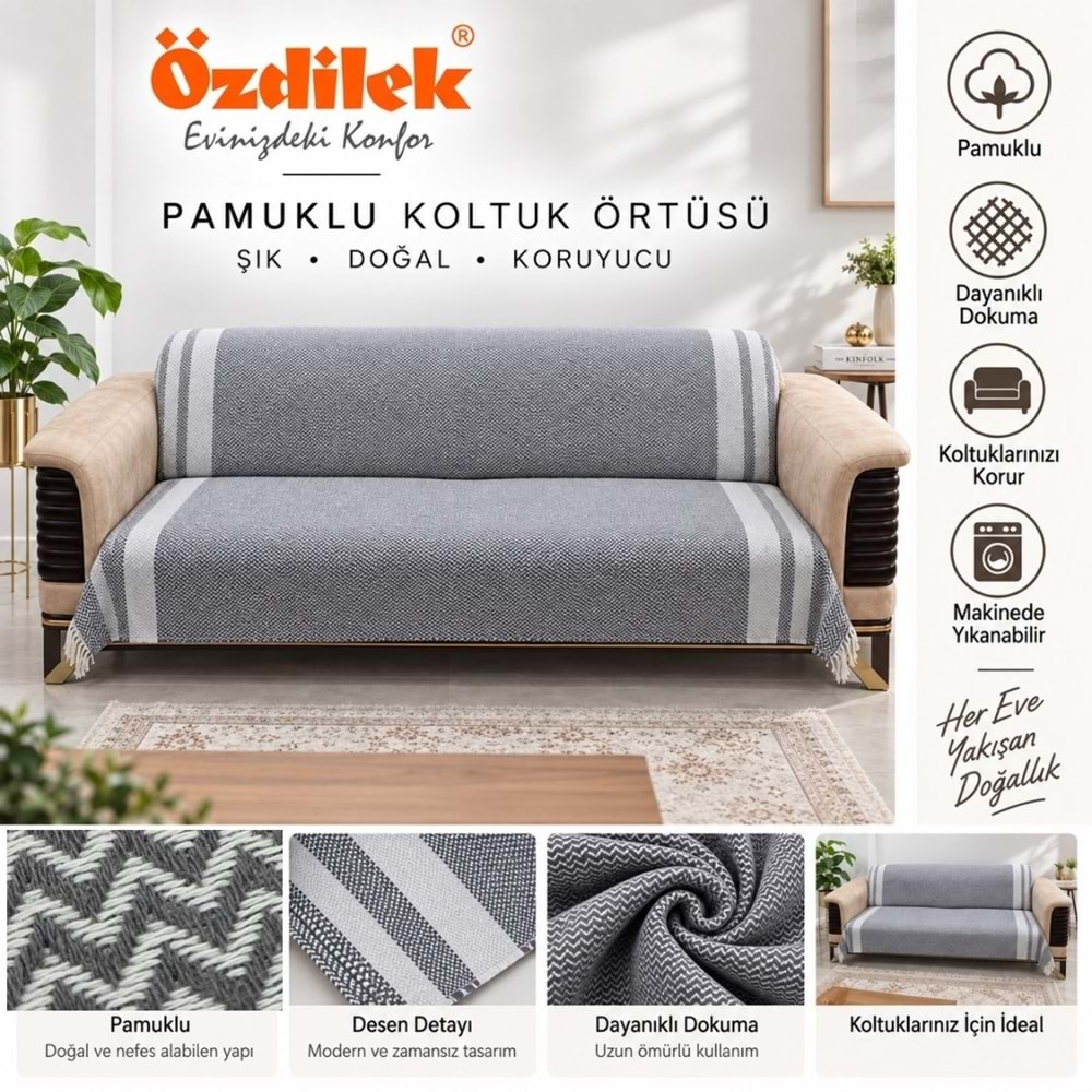 Özdilek Pamuklu Kaymaz Zigzag Koltuk Örtüsü (170x210)