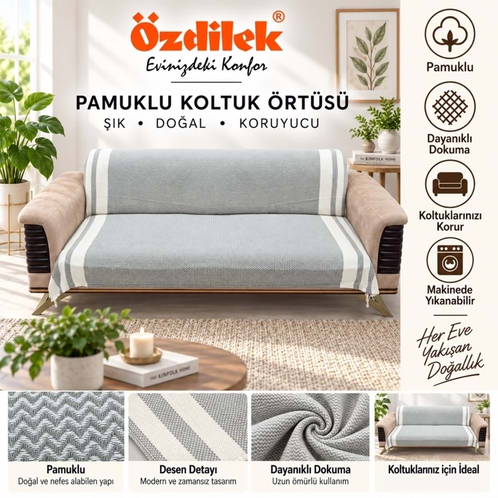 Özdilek Pamuklu Kaymaz Zigzag Koltuk Örtüsü (170x210)