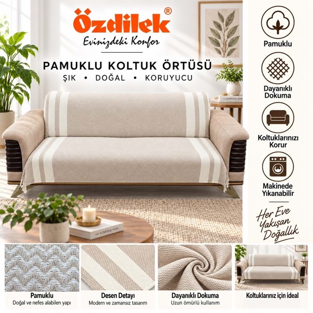 Özdilek Pamuklu Kaymaz Zigzag Koltuk Örtüsü (3+3) - Bej