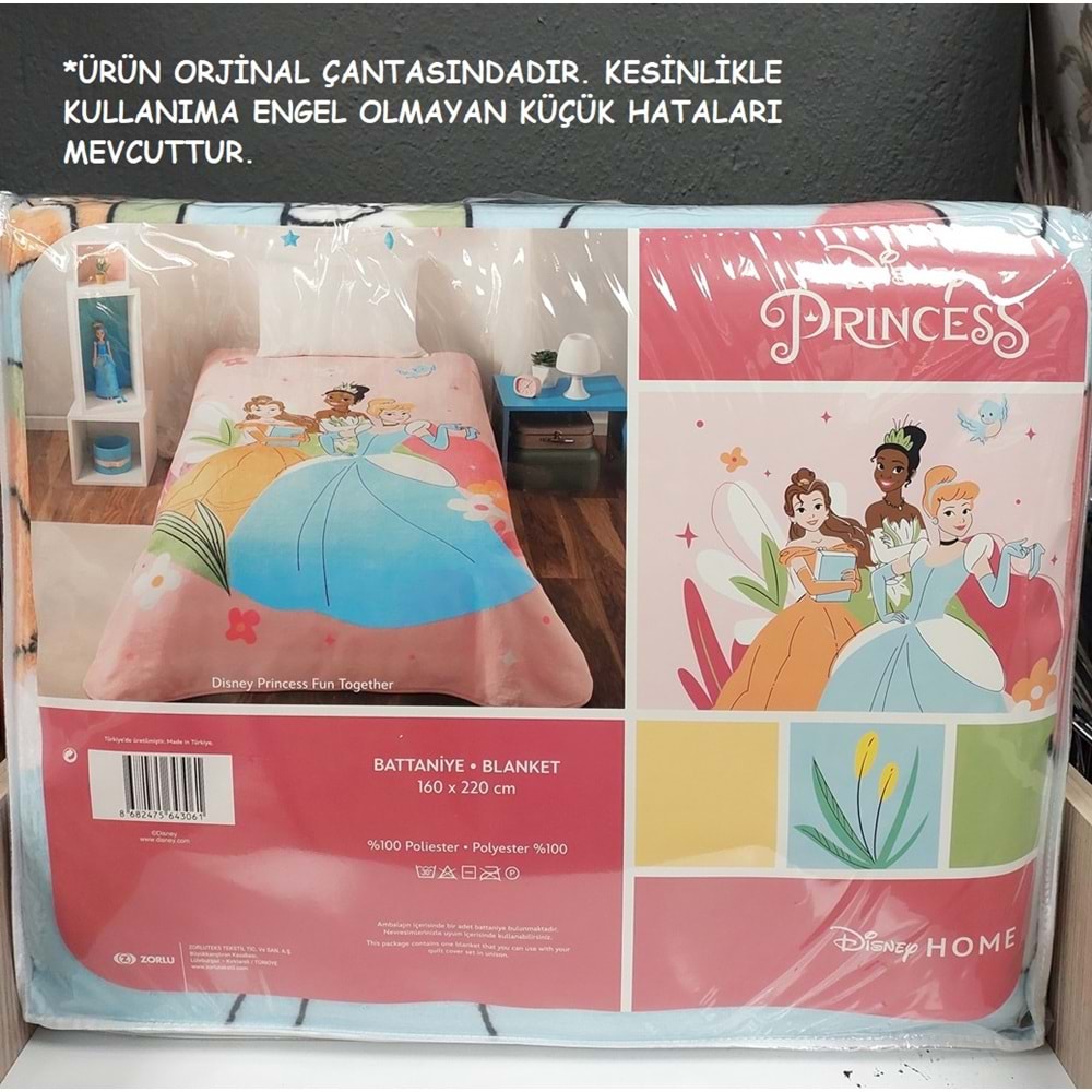 Taç Lisanslı (Outlet) Tek Kişilik Çocuk Battaniye (160x220)-Princess Fun Together
