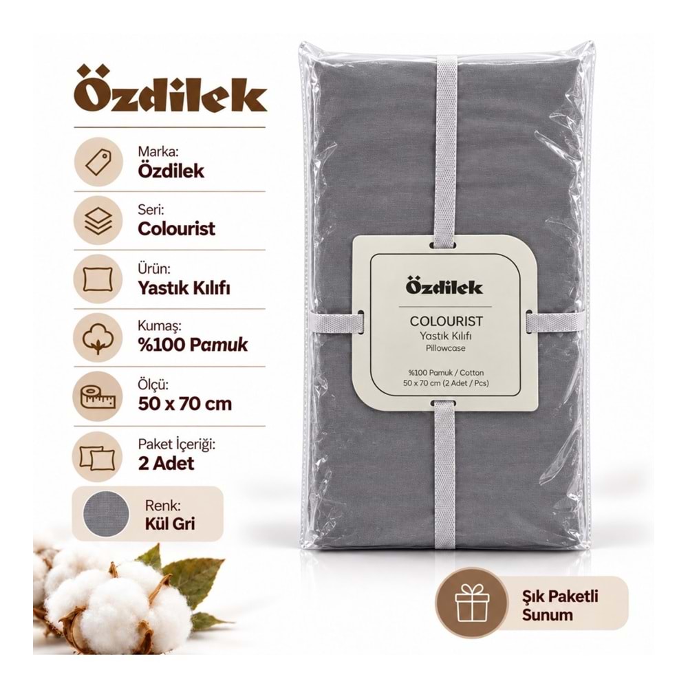 Özdilek Colourist Ranforce 2li Yastık Kılıfı (50x70)-Kül Gri