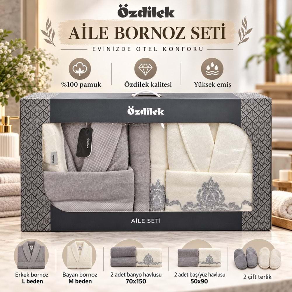 Özdilek Pamuklu 7 Parça Aile Bornoz Seti-Valioso Gri Krem/Gümüş Yeni