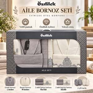 Özdilek Pamuklu 7 Parça Aile Bornoz Seti-Valioso Gri Krem/Gümüş Yeni