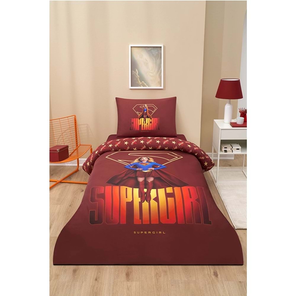 Özdilek Lisanslı Lastikli Çarşaflı Tek Kişilik Çocuk Nevresim Takımı-Super Girl Bordo